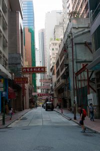 Narrow streets and tall buildings.