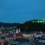 Ljubljana castle colored green for the green capital of Europe.