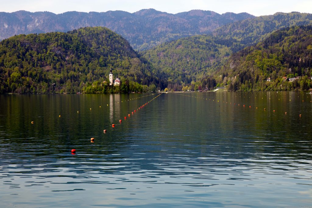 Lake Bled with an island in the middle.