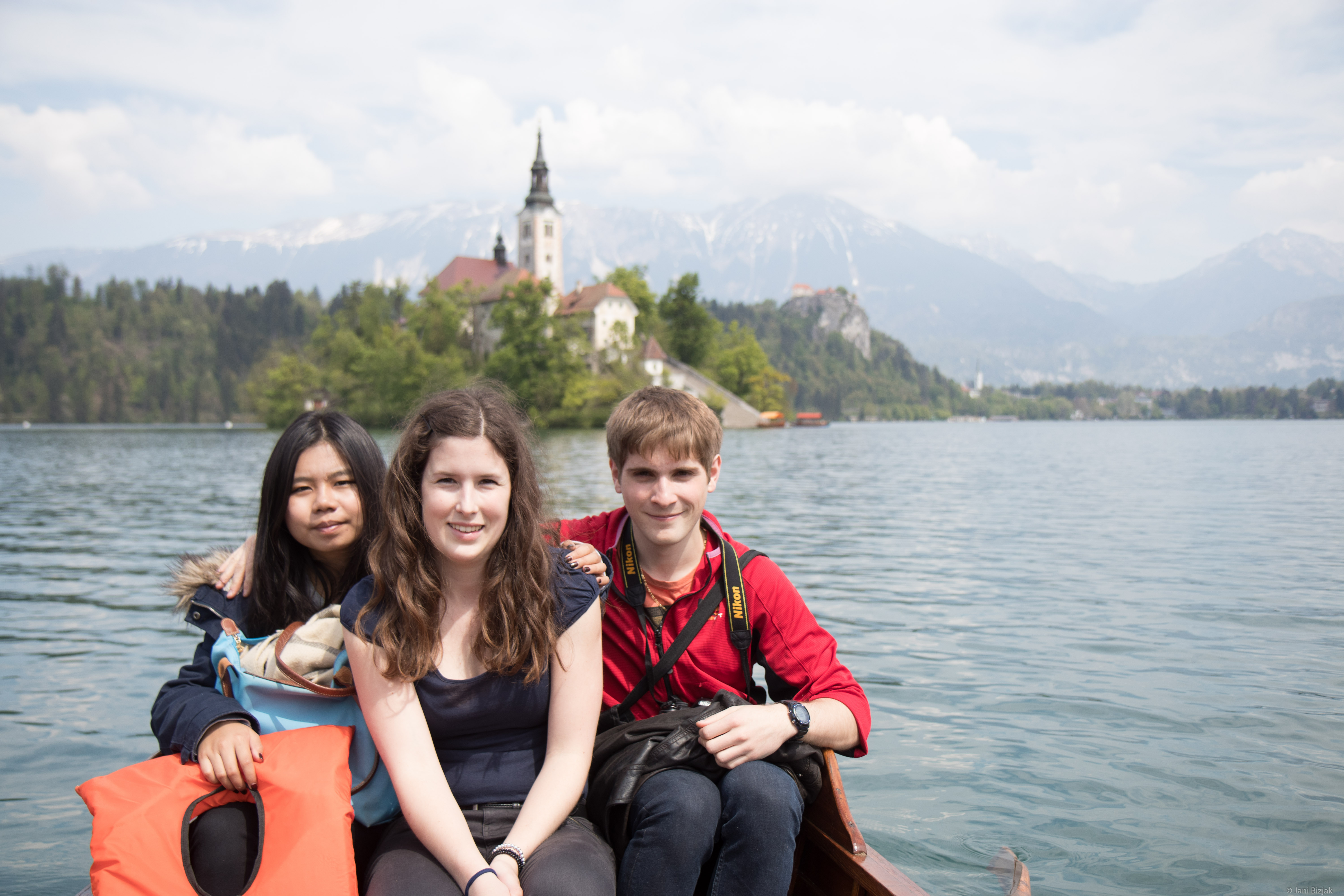 Island in lake Bled and us in the boat.