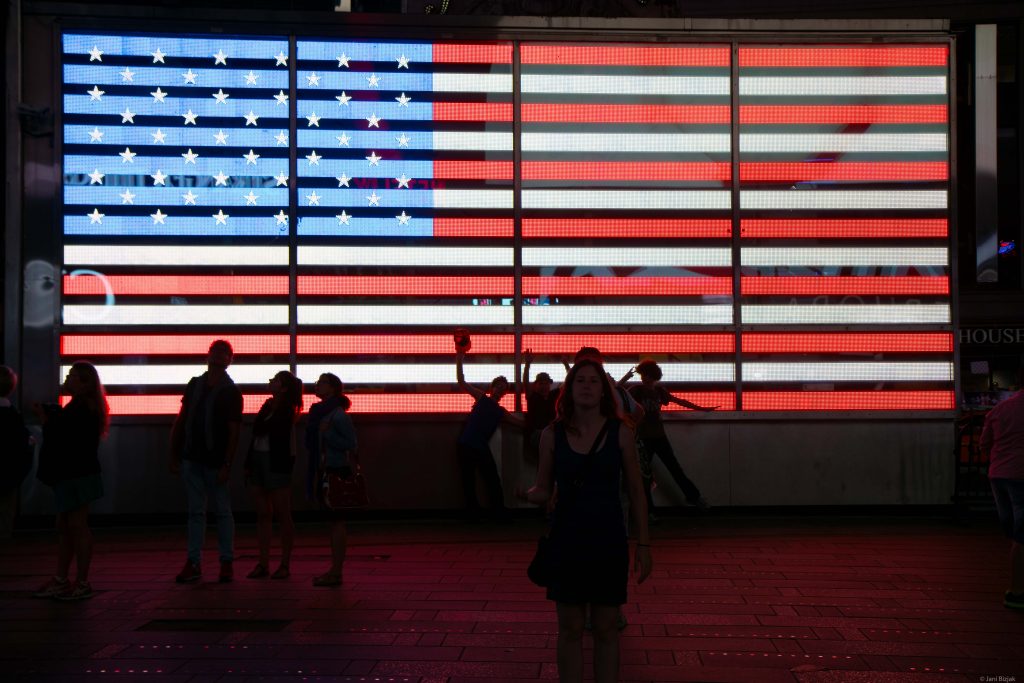 USA flag at the time square.