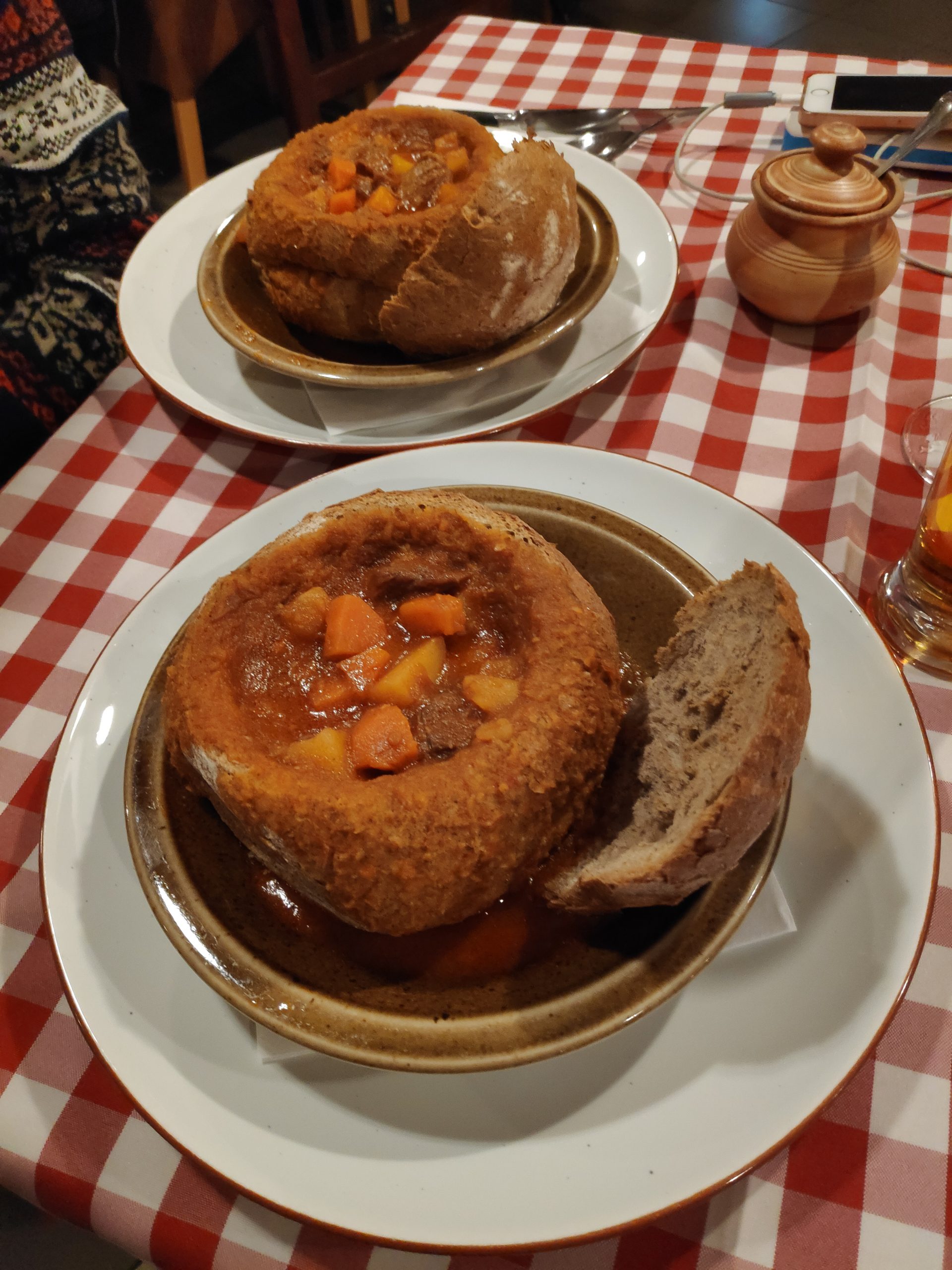 Goulash in a different restaurant, this time served in a cup made from bread, that you eat together with the soup. I actually had something similar in Slovenia, but it was with a vegetable soup.
