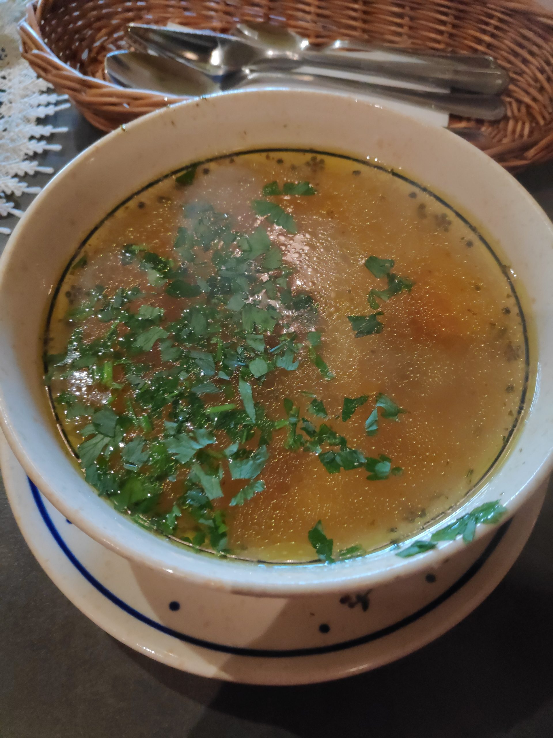 Beef soup with pierogi.